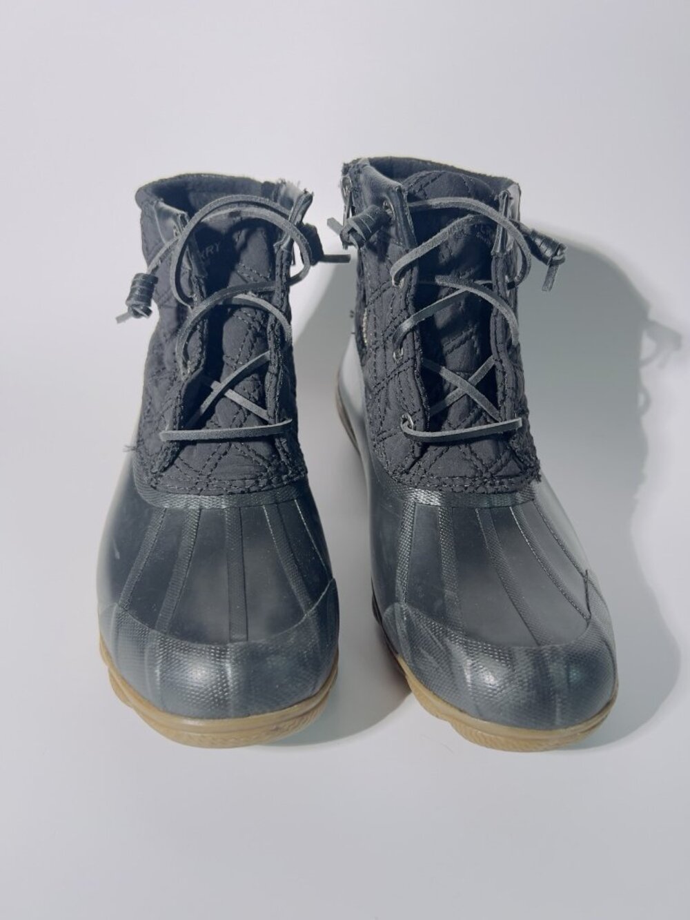 Womens 7 M Sperry Saltwater Quilted Duck Boots Black Waterproof Lace-Up Side Zip - Picture 3 of 15